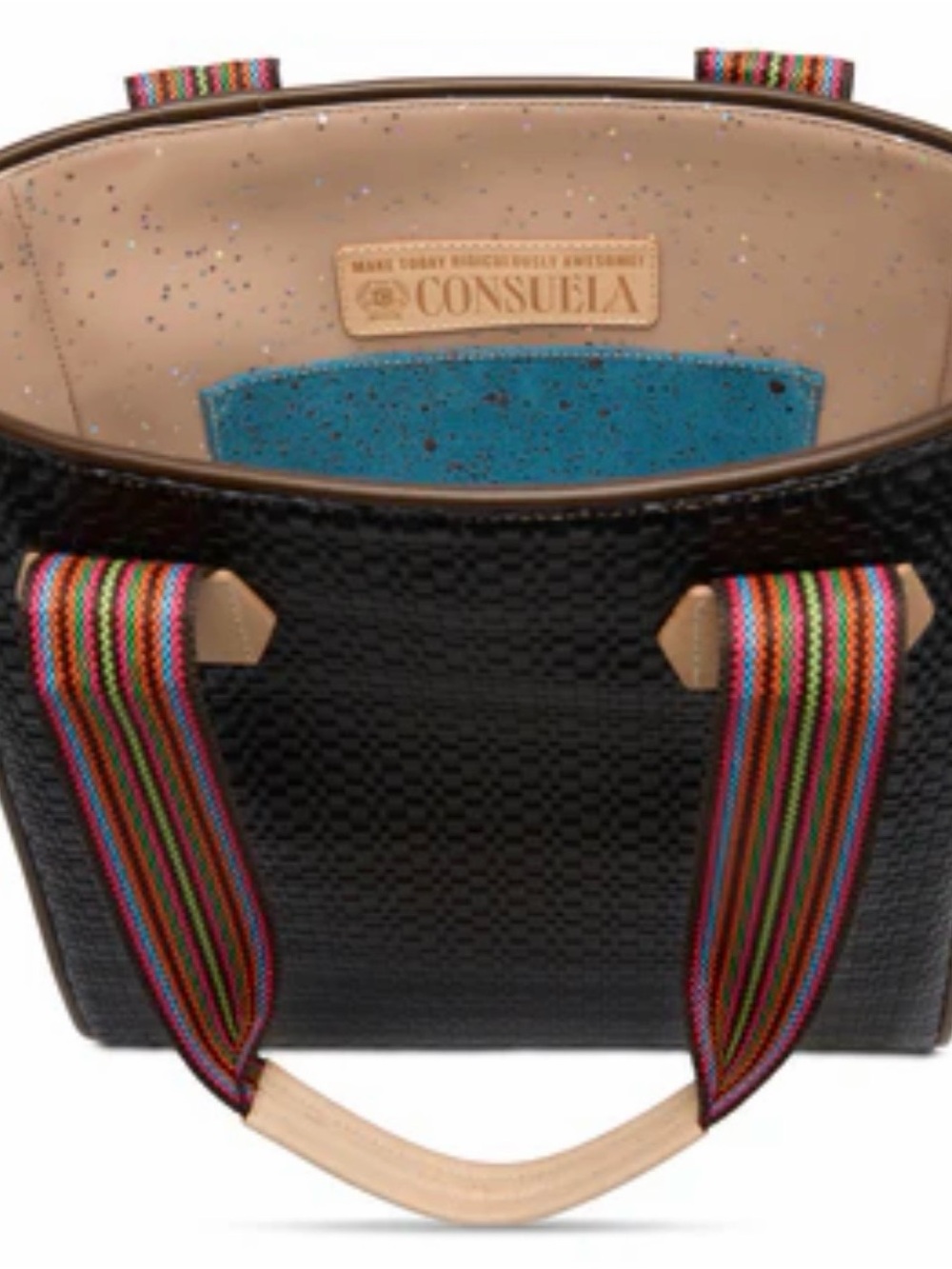 Consuela Black Woven Tote with Leopard Print Sides and Multicolor Straps - Picture 2 of 6